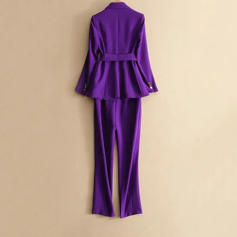 Two Piece Formal Suits Fashion Suit Office Ladies Women's Pantsuit Purple Business Classic with Belt Blazer Straight Pants Set