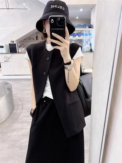 Ladies Solid Color Vest Top Outwear Korean Femme Casual Suit Collar Sleeveless Jacket Spring Women Fashion Loose Waistcoat Coat