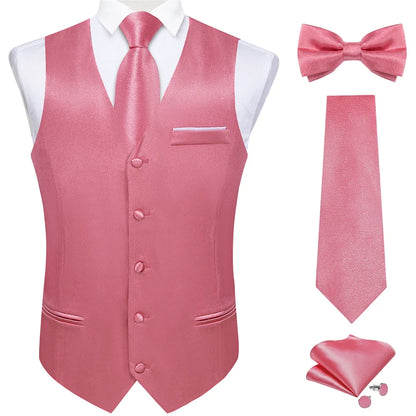 Men's Satin Suit Vest Set with Necktie Bow Tie Handkerchief and Cufflinks for Wedding and Formal Occasions