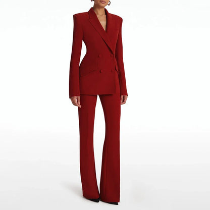 Slim Fit Double-breasted Women Pants Suit Set High-end Two Pieces(Jacket+Trousers) Peaked Lapel Daily Wear أطقم بناطيل