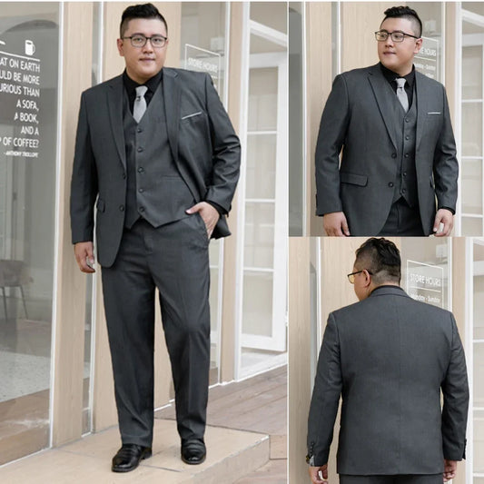 Plus Size Men‘s Suits Elegant Single Breasted Business Jacket Pants For Host Groom Groomsmen Grey Black Navy 2-Piece Suit Set