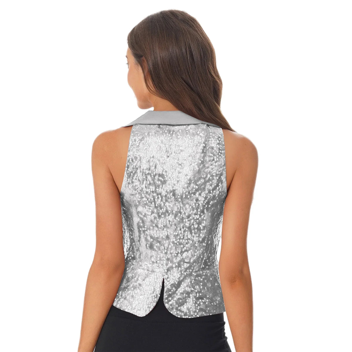 Women Shiny Sequin Vest Lapel Sleeveless Glitter Suits Waistcoat Top Rave Music Festival Jazz Dance Party Banquet Night Clubwear