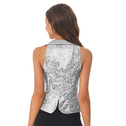Women Shiny Sequin Vest Lapel Sleeveless Glitter Suits Waistcoat Top Rave Music Festival Jazz Dance Party Banquet Night Clubwear
