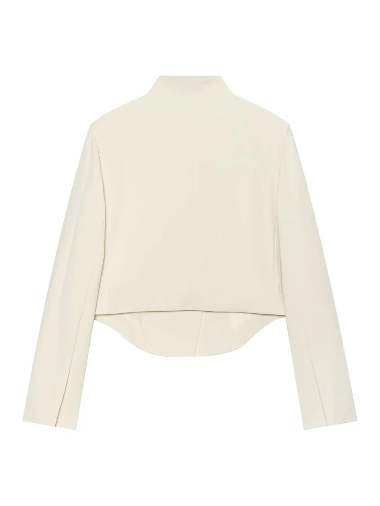 Women's Minimalist Cropped Blazer Stand Collar Suit Jacket Elegant Office Business Casual Long Sleeve Short Coat