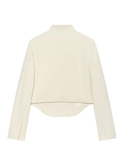 Women's Minimalist Cropped Blazer Stand Collar Suit Jacket Elegant Office Business Casual Long Sleeve Short Coat