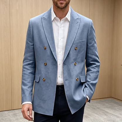 Men's Linen Blazer Notch Lapel Double Breasted Loose Fit Jacket Breathable Lightweight Business Outerwear Coat for Spring Summer