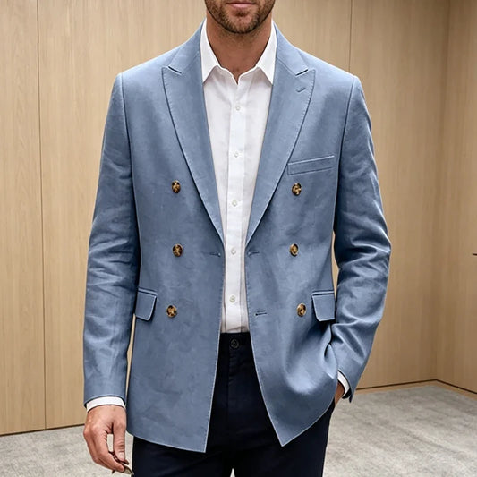 Men's Linen Blazer Notch Lapel Double Breasted Loose Fit Jacket Breathable Lightweight Business Outerwear Coat for Spring Summer