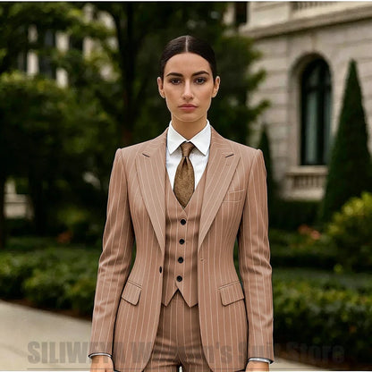White Striped Women Suit 3 Piece Chic Peak Lapel One Button Blazer Vest Pants Formal Office Business Wedding Party Wear
