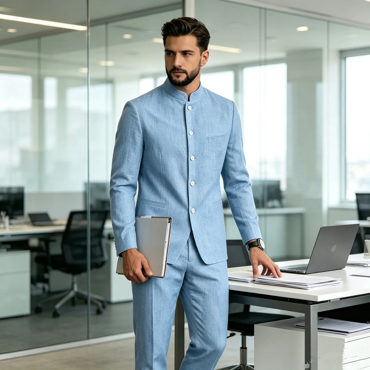 Chinese Suit for Men 2 Piece Suits Slim Fit Chinese Tunic Suits Stand Collar Weddig Prom Suit Blazer Pants Set Outfit