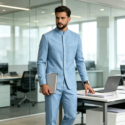 Chinese Suit for Men 2 Piece Suits Slim Fit Chinese Tunic Suits Stand Collar Weddig Prom Suit Blazer Pants Set Outfit