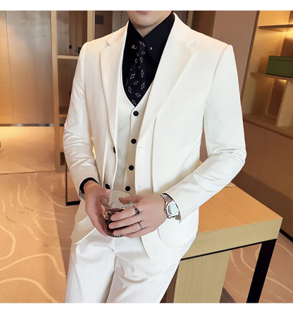 British Style Fake Two-piece Suit Set Men's Wedding Groom Dress 3 Piece Set Suit Vest Trousers Slim Office Business Casual Suits