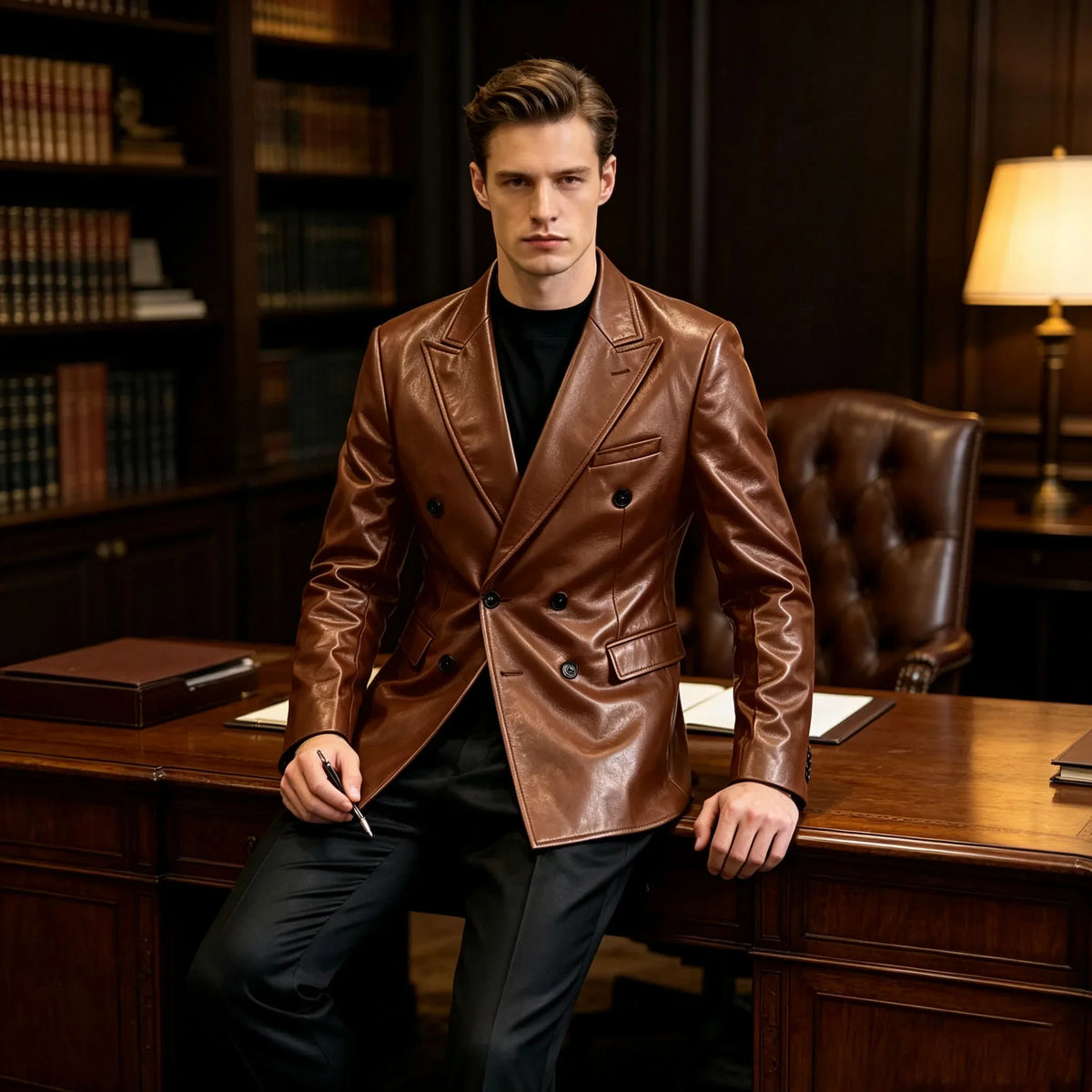 Vintage Men's Brown Leather Blazer Double Breasted Peak Lapel Slim Fit Suit Jacket High Quality Fashion Sport Coat Business Casu