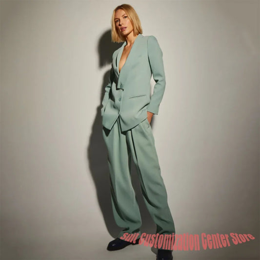 Modern Women's Mint Green Suit Minimalist Single Breasted Shawl Lapel Jacket+Pants Set Casual Formal Outfit for Office Wear