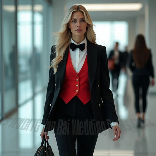 Women Suit Black Red Contrast 3 Piece Double Breasted Peak Lapel Blazer Set Formal Business Wedding Evening Party Commute Outfit