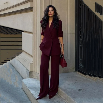 Burgundy Women 2 Piece Suit Single Button Straight Leg Pants Elegant Office Lady Formal Outfit Wedding Guest Business Pants Set