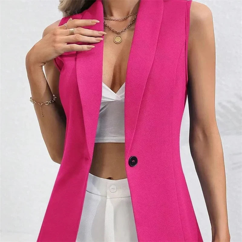 Vintage OL Jacket Casual Lapel Blazer Women One Button Suit Coats Fashion Sleeveless Office Vest 2025 Autumn Femme