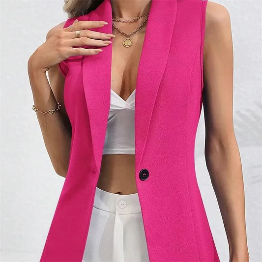 Vintage OL Jacket Casual Lapel Blazer Women One Button Suit Coats Fashion Sleeveless Office Vest 2025 Autumn Femme