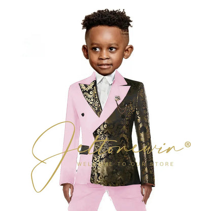 Black And Gold Floral Wedding Boys Suit Double Breasted Formal Kids Blazer Set Party Dress Child Tuxedo Jacket Pants 2 Piece Set