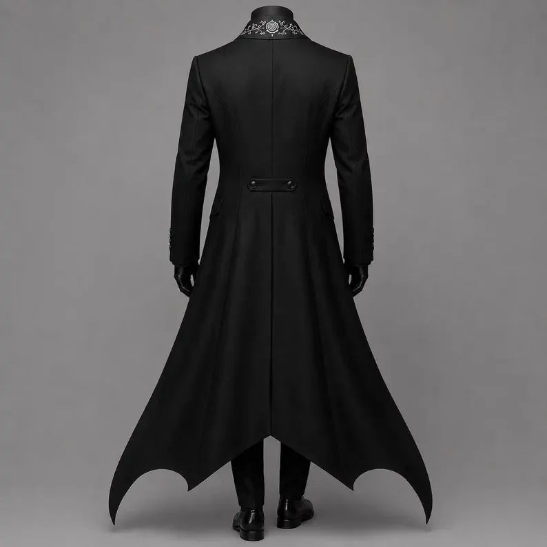 Men Black Gothic Long Tail Coat 3 Pieces Suit Jacket Purple Vest Pants Set Tuxedo Formal Banquet Wedding Cosplay Customized