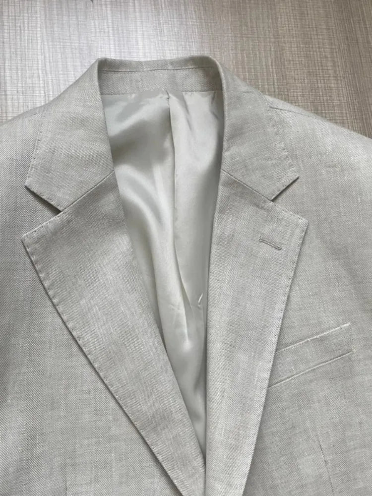 Men Thin Slim Fit Top Quality Beige White Linen Suits Matching Sets Spring Summer Comfortable Two Piece Set Casual Outfits 2025