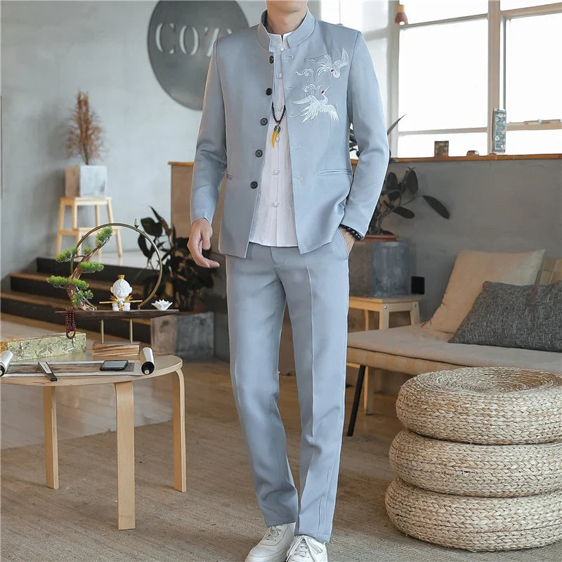 Suit (Blazer + Trousers) Men's Chinese-Style Stand-Up Collar Wedding & Business Suit
