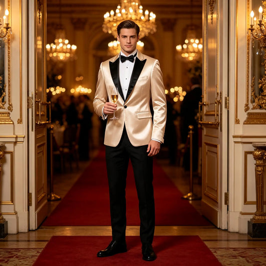 Men Champagne Satin Tuxedo Blazer Black Peak Lapel One Button Slim Fit Formal Wedding Party Evening Gentleman Suit Jacket