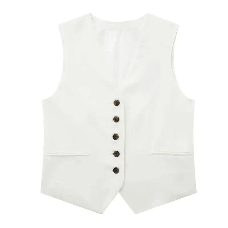 Summer Women Elegant Solid Single Breasted V Neck Casual Vest Top Female Fashion Office Lady Chic Outerwear Vest