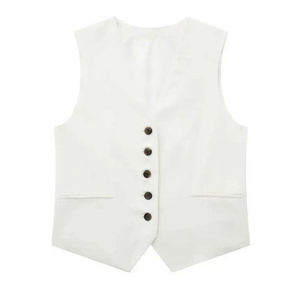 Summer Women Elegant Solid Single Breasted V Neck Casual Vest Top Female Fashion Office Lady Chic Outerwear Vest