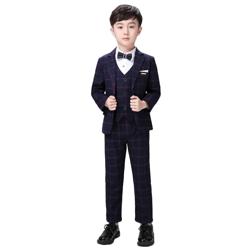 Clearance Stock sale Boys Spring Plaid 3Pieces/Set Jacket Vest Pants Photography Suit Kids Wedding Party Dress Children Costume