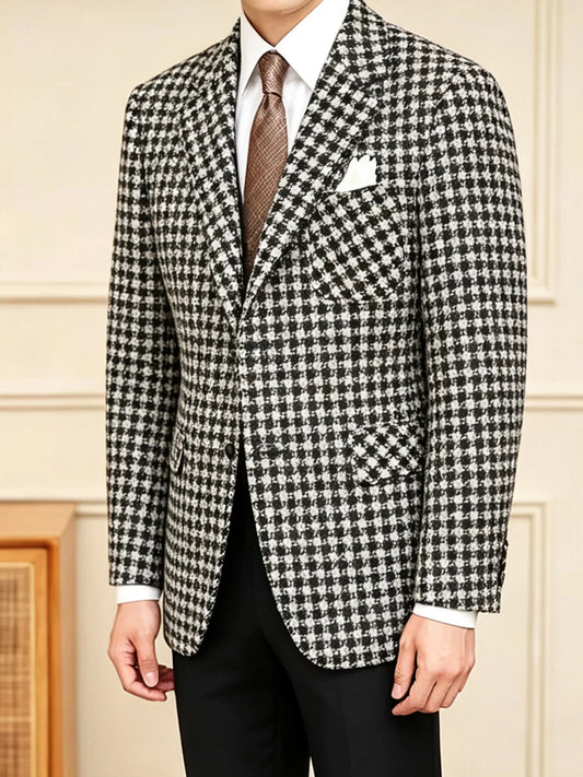 Vintage Black White Checkered Tweed Fabric Men Suit Jacket Luxury Slim Fit Business Men‘s Wedding Formal Tuxedos Suit Blazer