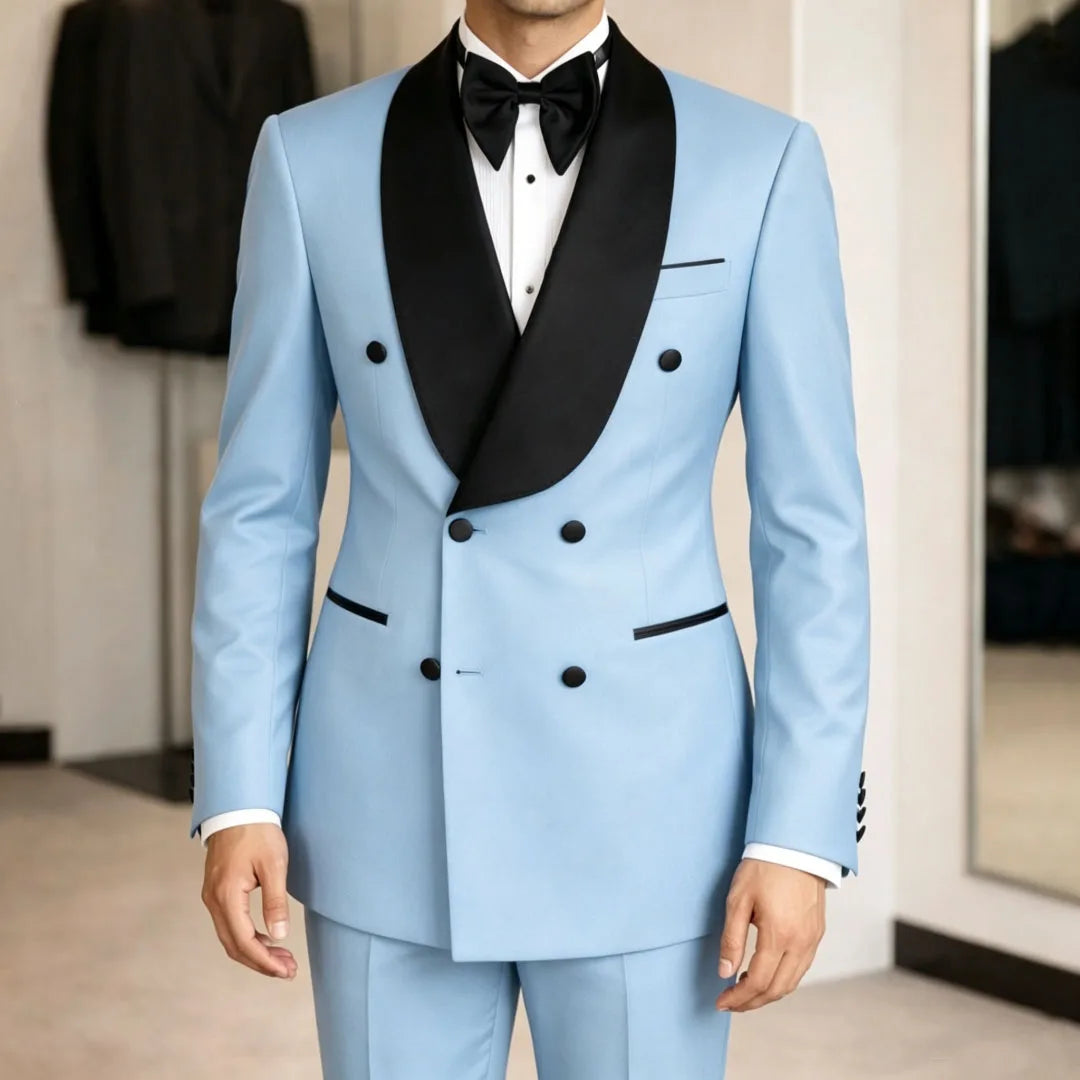 Men Suit Yellow 2 Pieces Double Button With Black Lapel For Wedding Birthday Banquet Party Business Work Office Jacket Pants