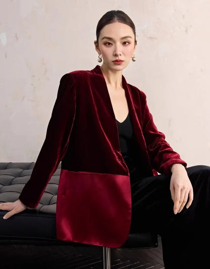 One Button Velvet Spliced Women Blazers Contrast Color Suit Jacket V-Neck Work Lady Loose Fit Outerwear Long Sleeve Autumn Coat