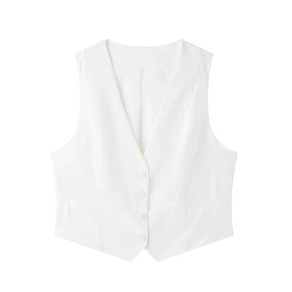 Cropped Formal Vests Woman Office Sleeveless Women's Suit Vest Summer Button Black White Short Vest Casual Working Vest