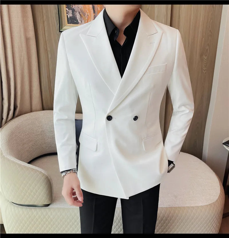 British Style Double Breasted Blazer Jackets Men High Quality Casual Business Suit Jacket Slim Business Wedding Groom Dress