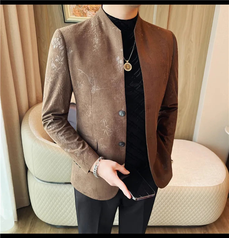 2025 Spring Trendy Jacquard Suit Jacket Men Stand Up Collar Casual Blazers Slim Wedding Business Streetwear Social Dress Coats