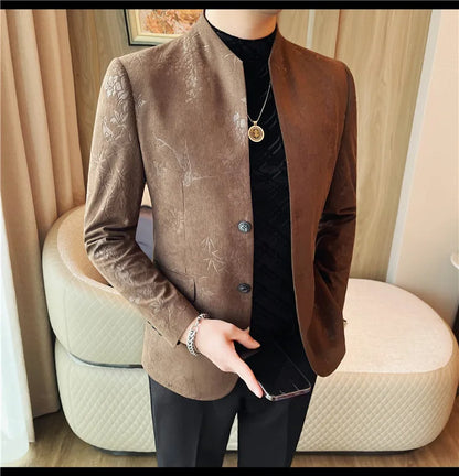 2025 Spring Trendy Jacquard Suit Jacket Men Stand Up Collar Casual Blazers Slim Wedding Business Streetwear Social Dress Coats