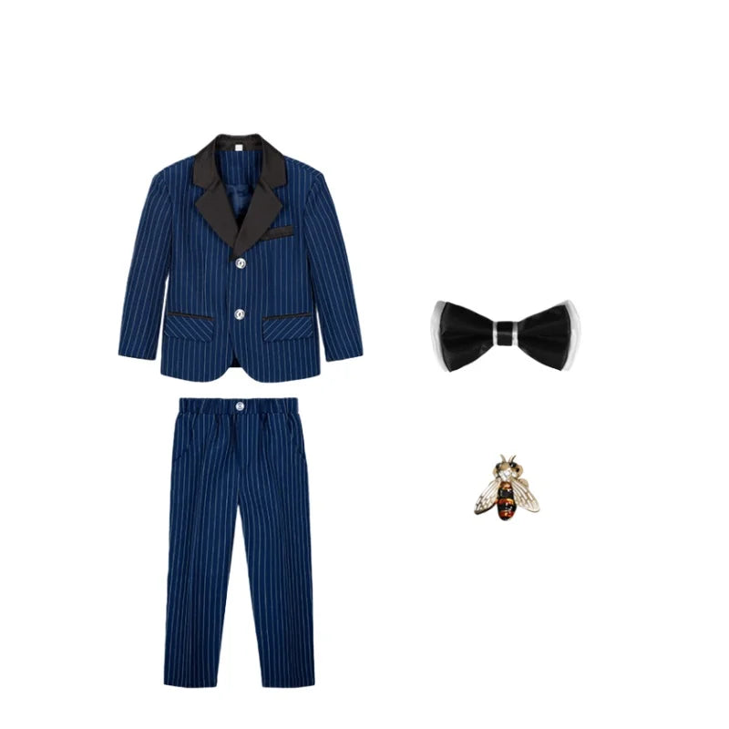1-11Years Boys Spring Autumn Striped Suit Set Kids Formal Wedding Birthday Party Wear With Jacket Pants Bowtie Brooch