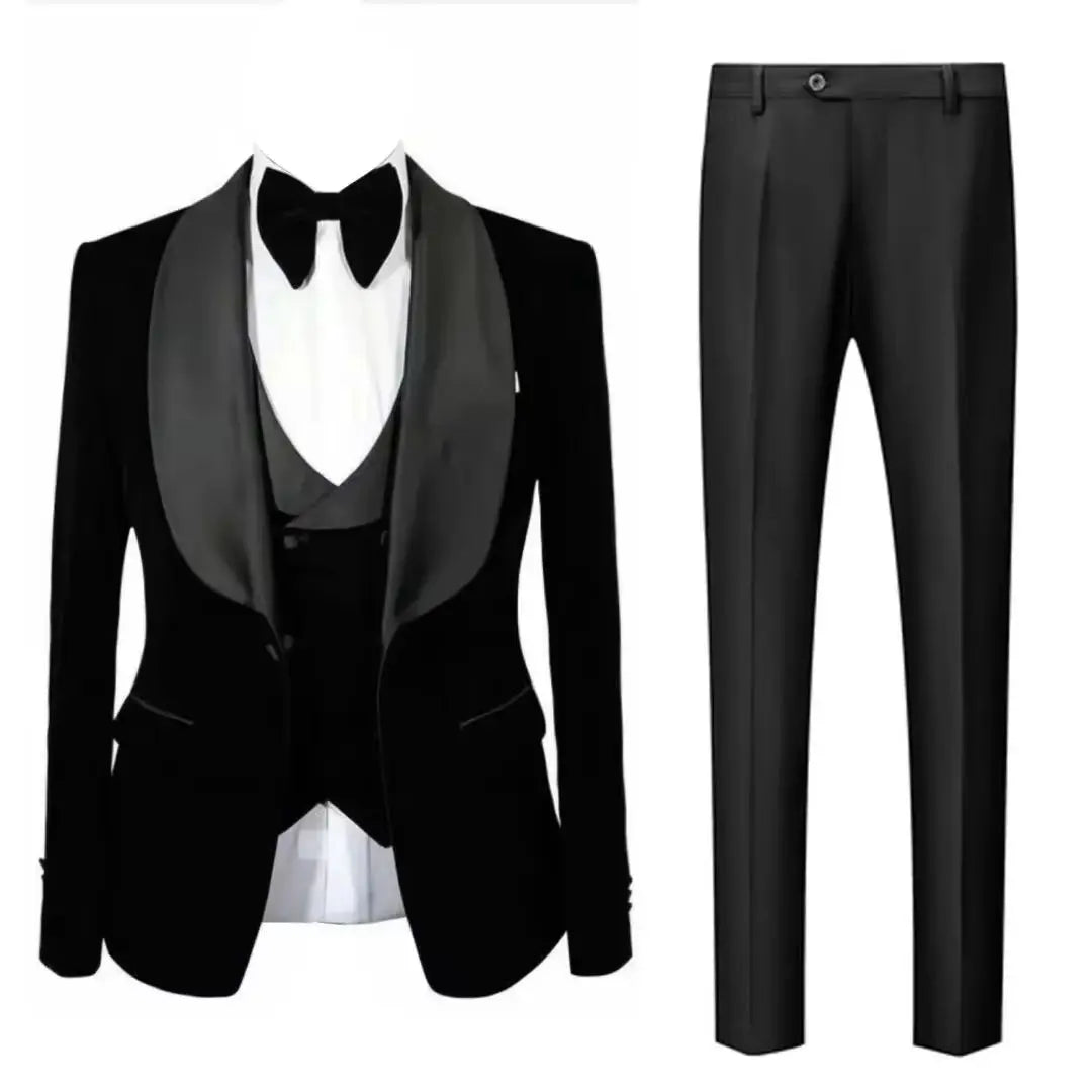 Men's Black Velvet Evening Gown Three Piece Set Shawl Lapel Jacket Vest Trousers Groom's Wedding Ball Dress Suit