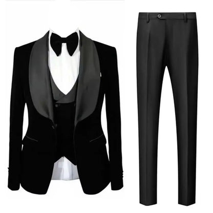 Men's Black Velvet Evening Gown Three Piece Set Shawl Lapel Jacket Vest Trousers Groom's Wedding Ball Dress Suit
