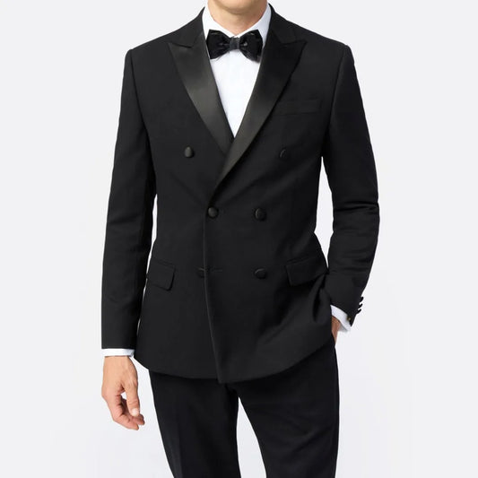 Men Suit 2 Pieces Black Double Button With Bright Lapel For Wedding Groom Banquet Party Prom Business Work Jacket And Pants