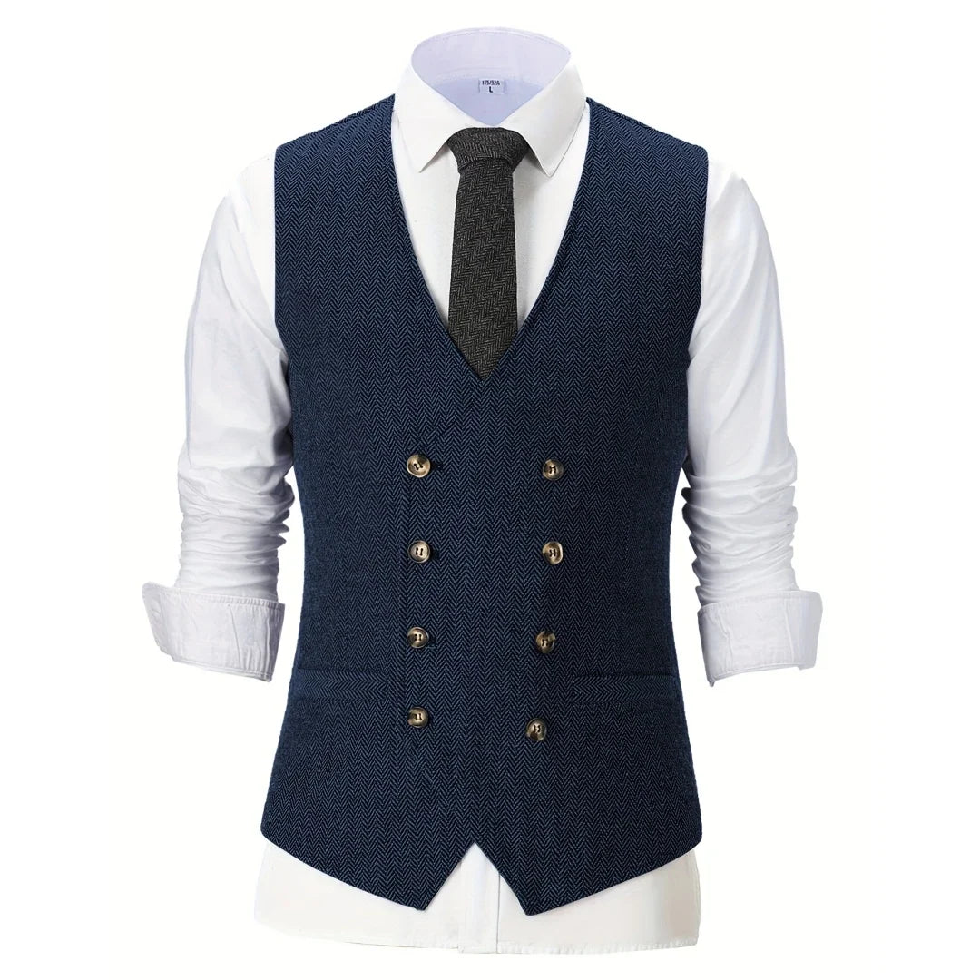 Men Vest Champagne Herringbone Double Breasted V-Neck Waistcoat for Wedding & Business