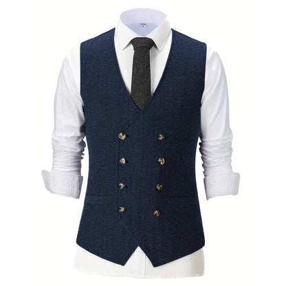 Men Vest Champagne Herringbone Double Breasted V-Neck Waistcoat for Wedding & Business