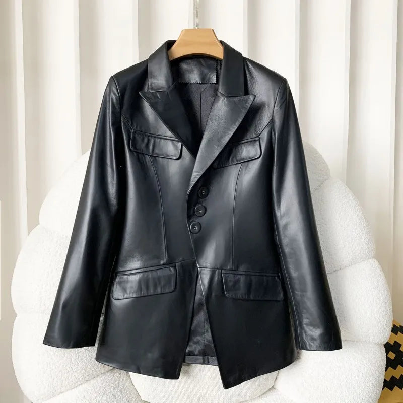 High Quality Women Single Breasted Genuine Leather Suit Jacket Fashion Office Lady Lapel Collar Slim Fit Sheepskin Blazers