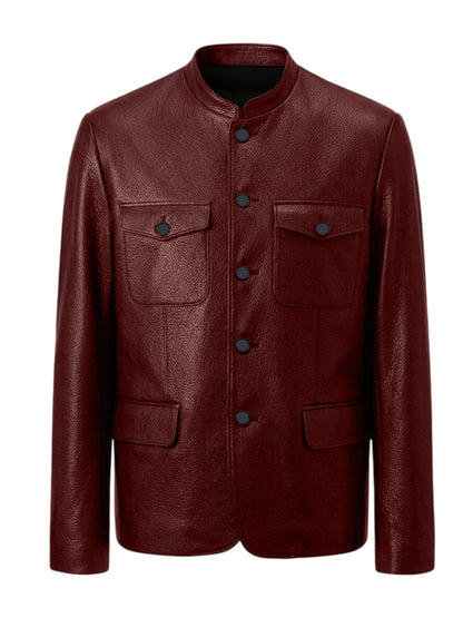 Men Premium Leather-Like Stand Collar Jacket Single Breasted Casual Multi-Pocket Slim Fit Business Outerwear