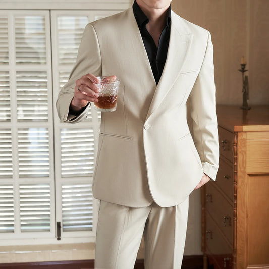 2025 Minimalist Men's Collarless Suit Fashion 2 Piece Set (Blazer Trousers ) Office Work Party Prom Wedding Groom Dress Suits