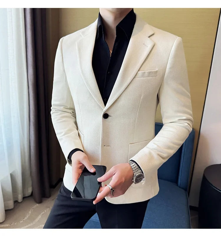 Vintage Suede Line Bronzing Striped Suit Coats 2025 Autumn New High Quality Men Slim Business Social Formal Suit Coats Tailcoat