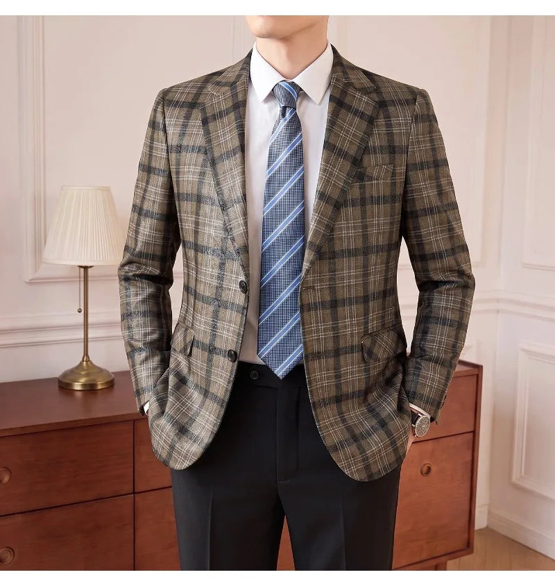 High Quality Autumn Retro Casual Suit Jacket for Men Faux Leather Business Social Wedding Blazers Office Groom's Formal Coats