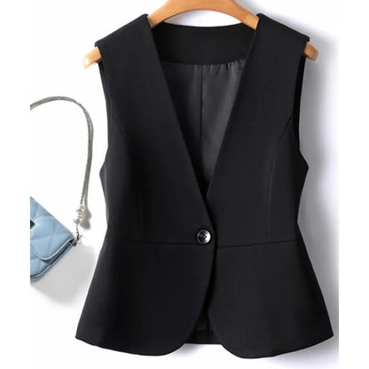 Korean Women Short Blazer Sleeveless Outwear Spring Autumn Female Suit Vest Jacket Ladies V-neck Lined Waistcoat Coat   ﻿