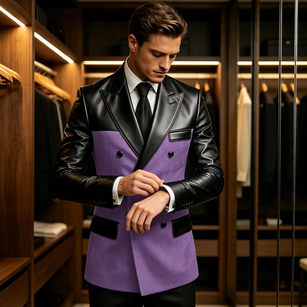 Men's Double Breasted Suit Blazer with Leather Patchwork for Weddings and Formal Events