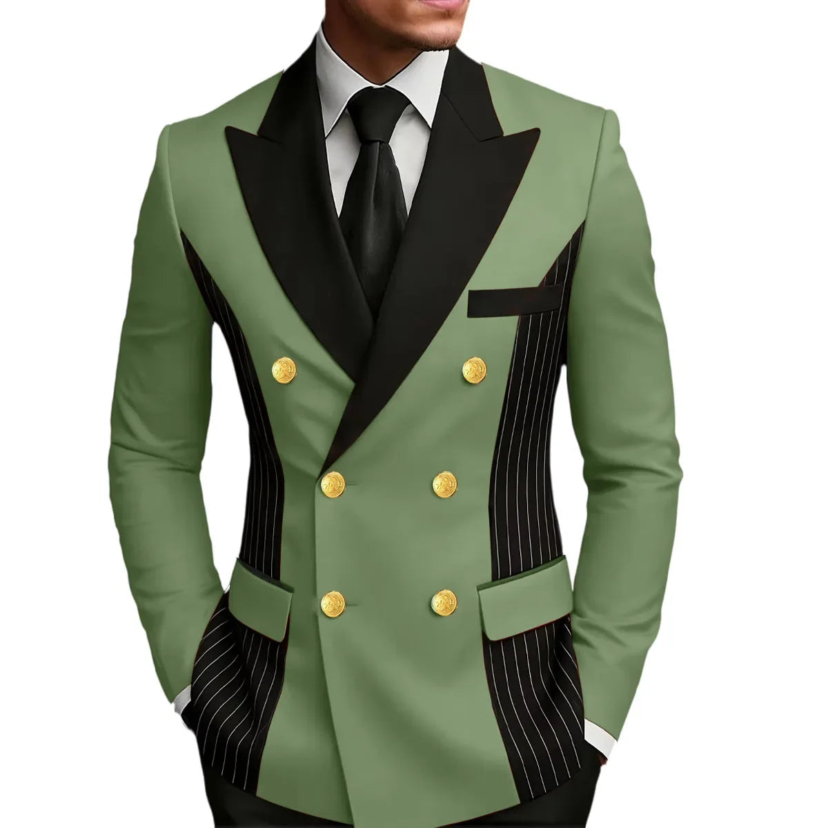 Men's Double Breasted Blazer Striped Patchwork Peak Lapel Slim Fit Formal Wedding Suit Jacket